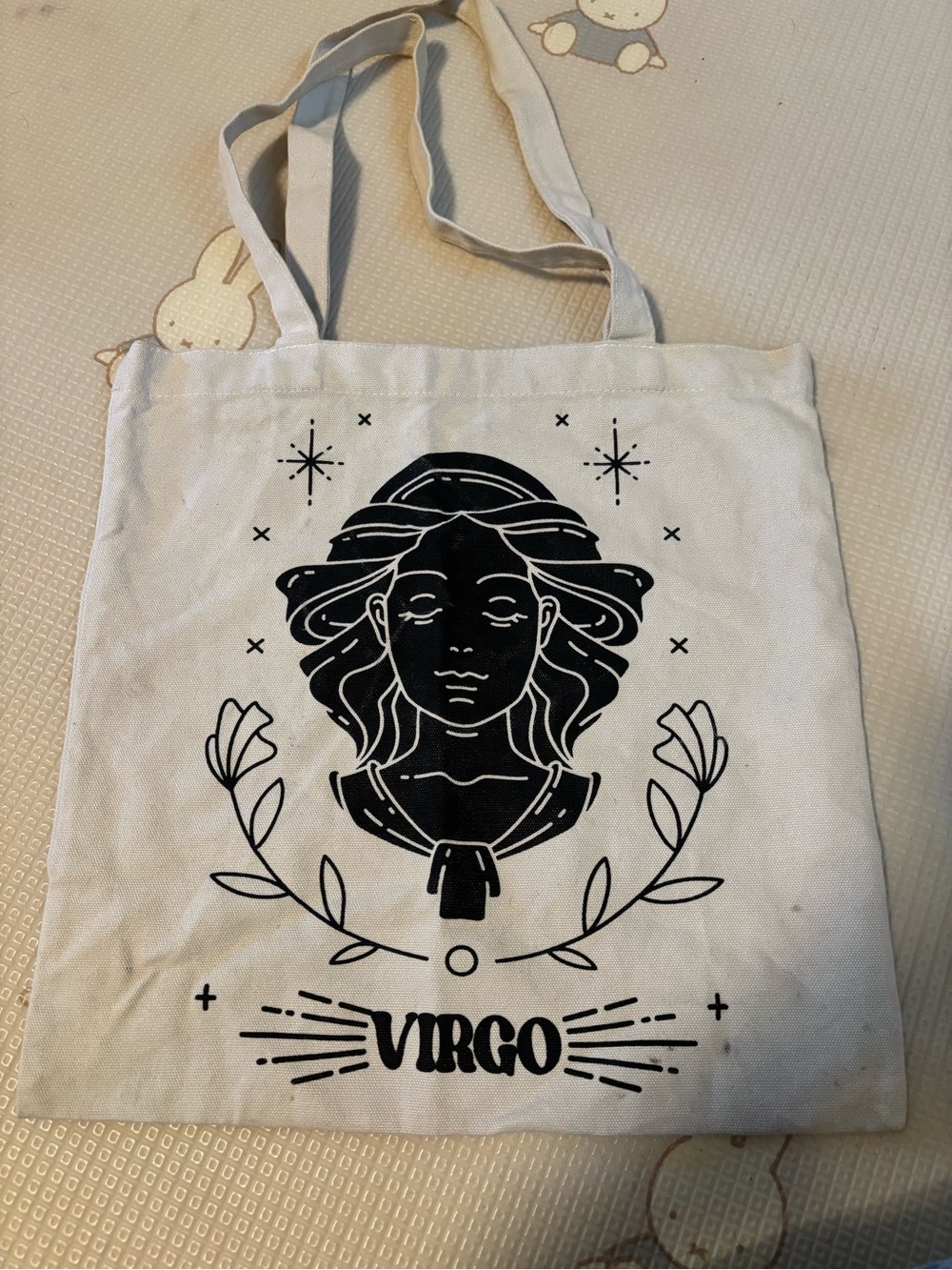 Virgo Canvas Tote Bag in White with Black Print